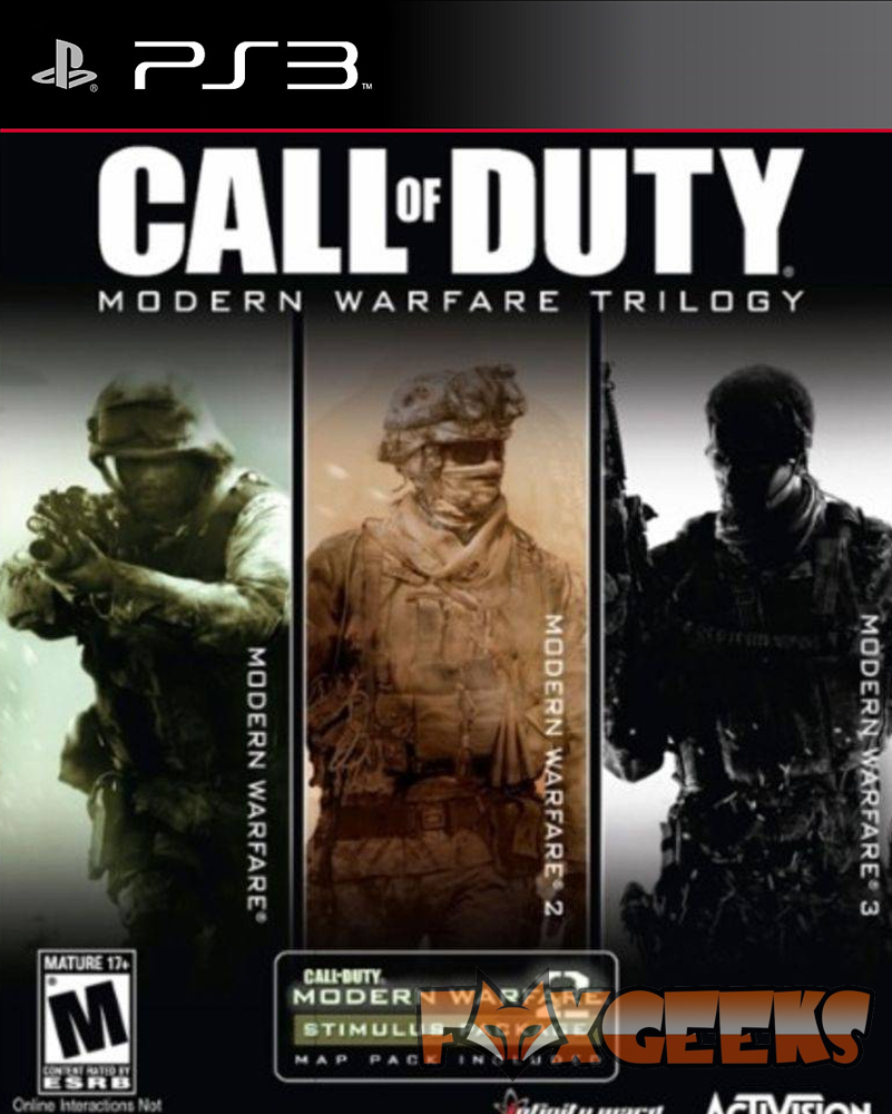 Capa do jogo Call of Duty Modern Warfare Trilogy para PS3 com soldados e texto