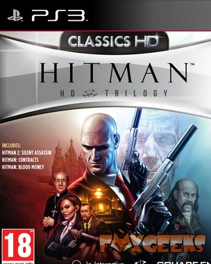 Capa do jogo Hitman HD Trilogy para PS3 com personagem calvo segurando armas