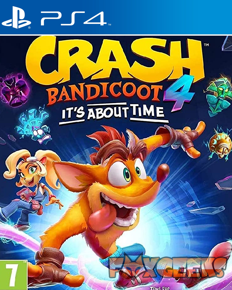Capa do jogo Crash Bandicoot 4 para PS4 com personagens animados e fundo azul