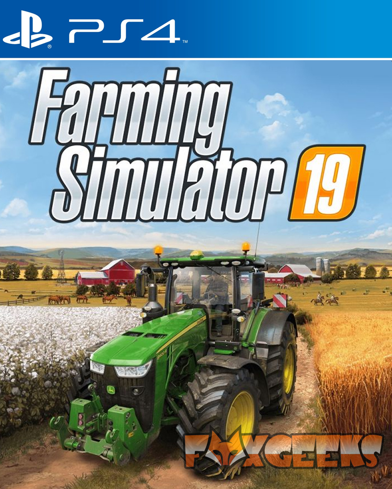 Capa do jogo Farming Simulator 19 para PS4 com trator verde em estrada rural entre campos