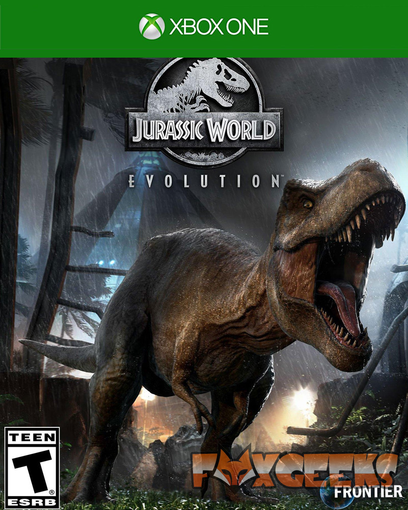 Capa do jogo 'Jurassic World Evolution' para Xbox One com dinossauro T-Rex na floresta