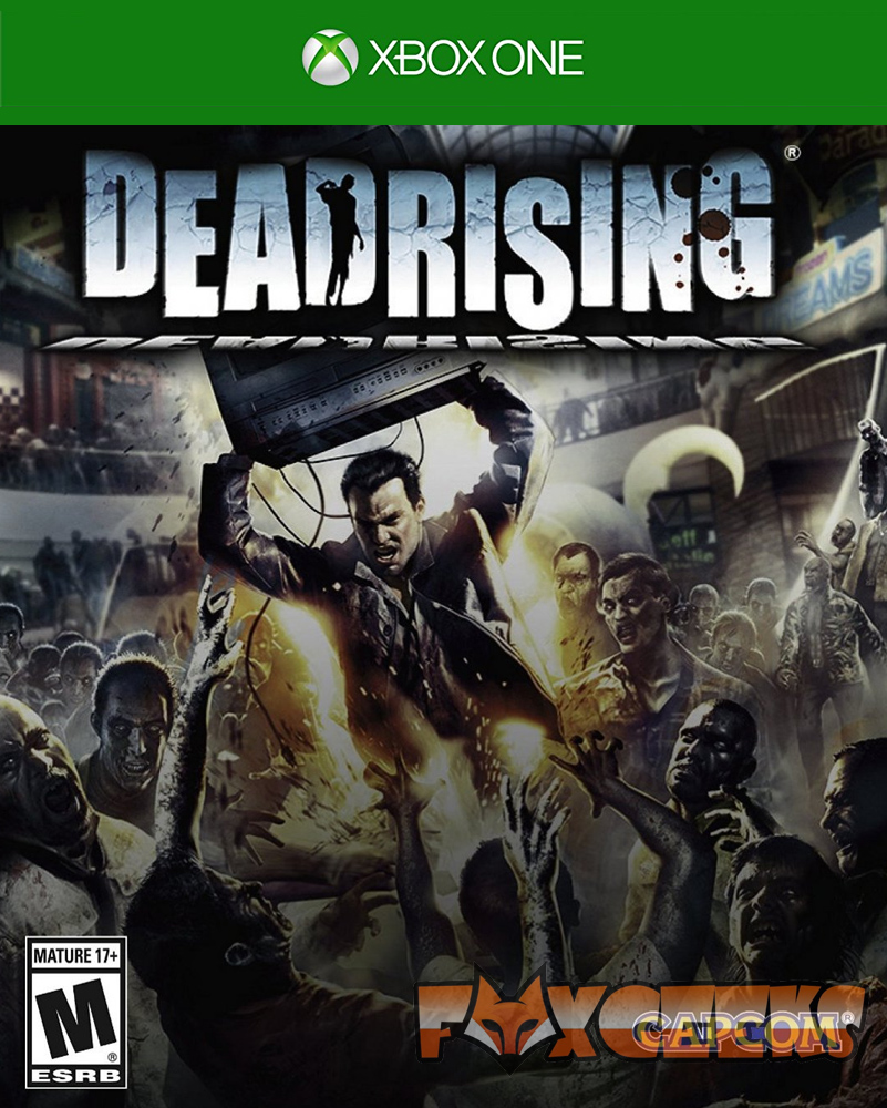 Capa do jogo Xbox One DEAD RISING com homem levantando televisor entre zumbis