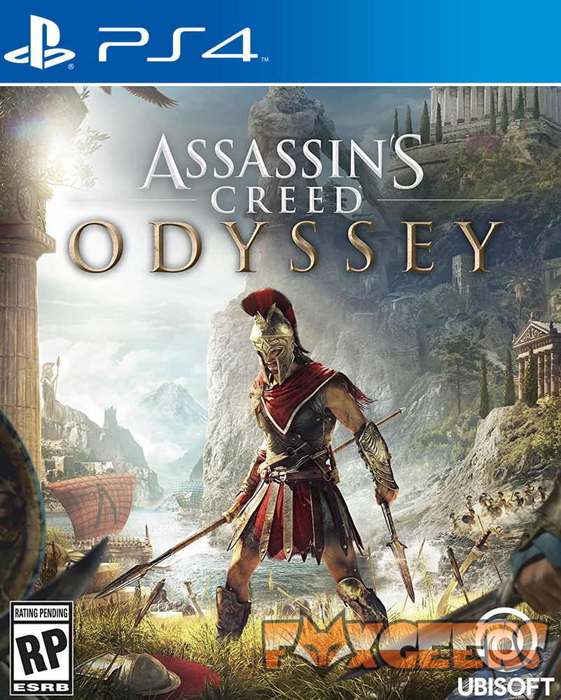 Capa do jogo PS4 Assassin's Creed Odyssey com soldado antigo em frente a cenário clássico
