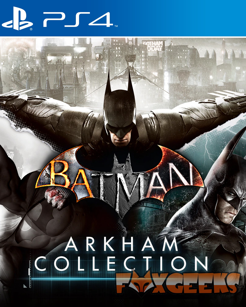Capa do jogo PS4 Batman Arkham Collection com vários Batmans e fundo de Gotham