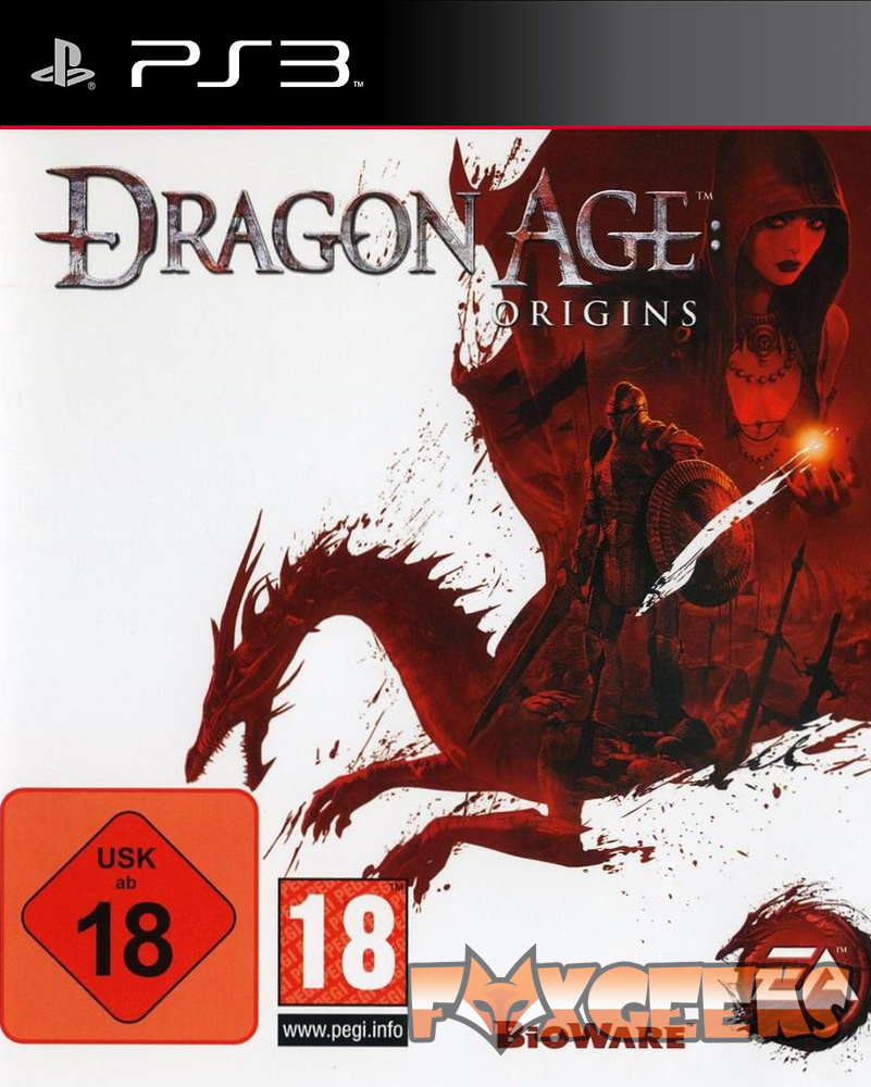 Capa do videojogo Dragon Age Origins para PS3 com dragão vermelho e guerreiro
