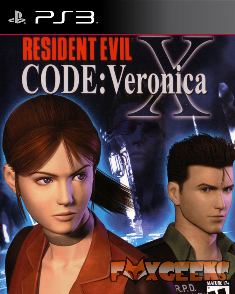 Capa do jogo Resident Evil Code Veronica X para PS3 com personagens e fundo azul