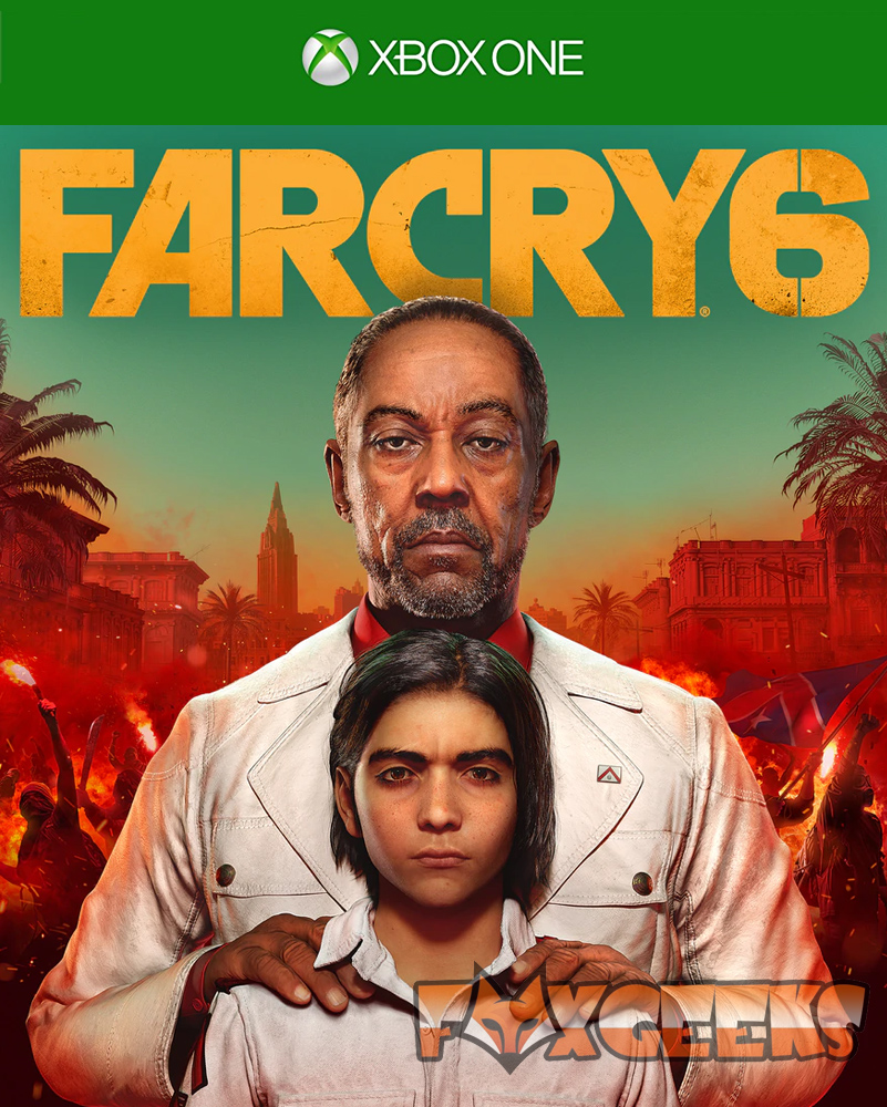 Capa do videojogo Far Cry 6 para Xbox One com dois personagens em frente e fundo de palmeiras e edifícios.