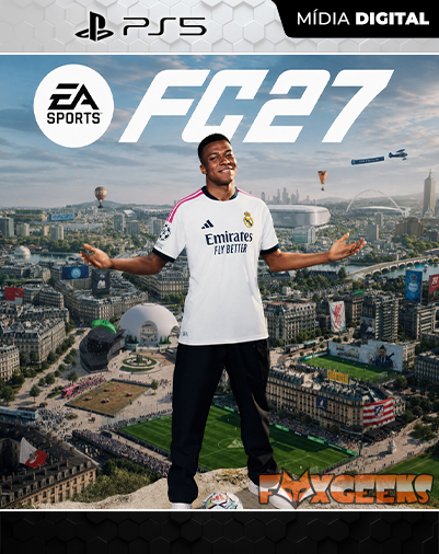 Capa do videojogo EA SPORTS FC 27 para PS5 com jogador de futebol em camisola branca do Real Madrid