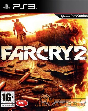 Caixa do jogo Far Cry 2 para PlayStation 3 com capa laranja e amarela, figura com mochila e veículo em chamas