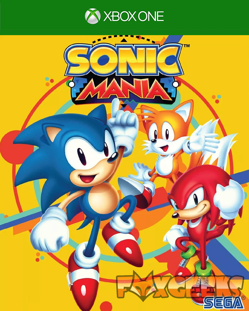Capa do jogo Sonic Mania para Xbox One com personagens Sonic, Tails e Knuckles sobre fundo amarelo colorido.