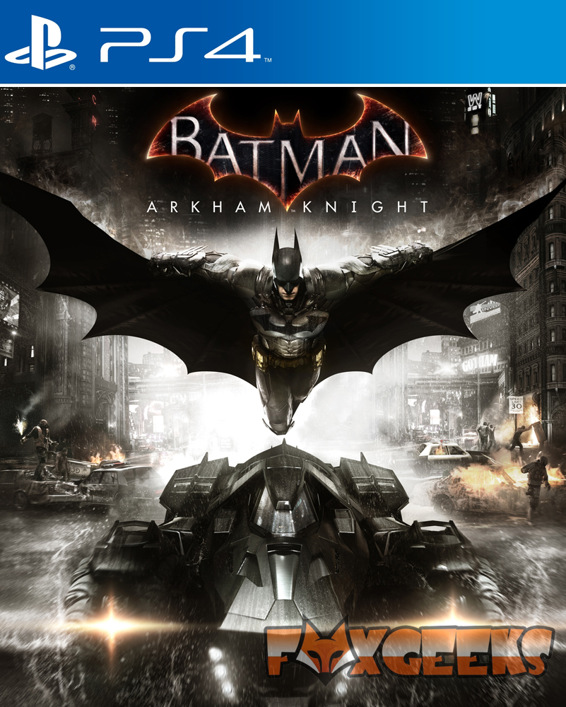 Capa do jogo PS4 Batman Arkham Knight com Batman em voo e Batmóvel em cidade destruída