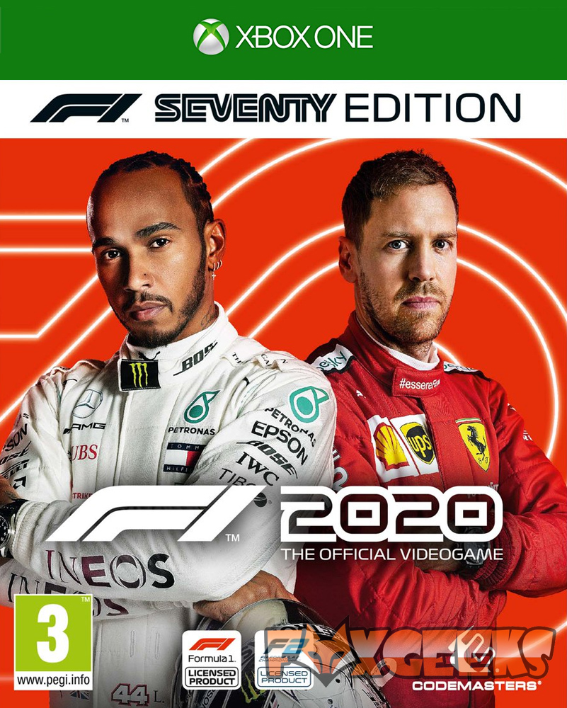 Capa do videojogo F1 2020 Seventy Edition para Xbox One com dois pilotos de Fórmula 1