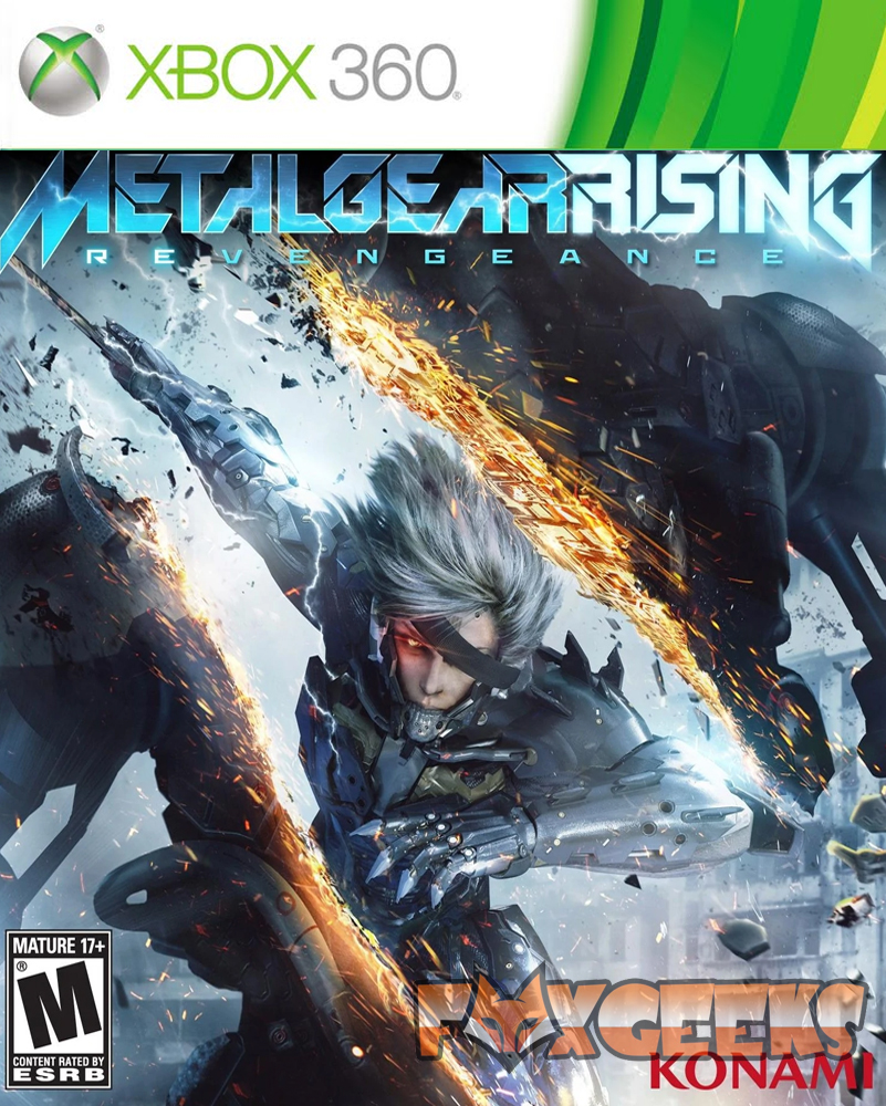 Capa do jogo Metal Gear Rising para Xbox 360 com personagem em armadura metálica e ação