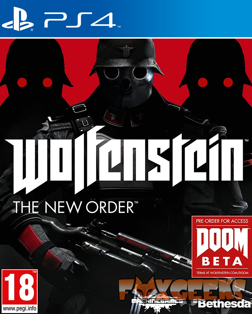 Capa do jogo Wolfenstein: The New Order para PS4 com soldados e texto
