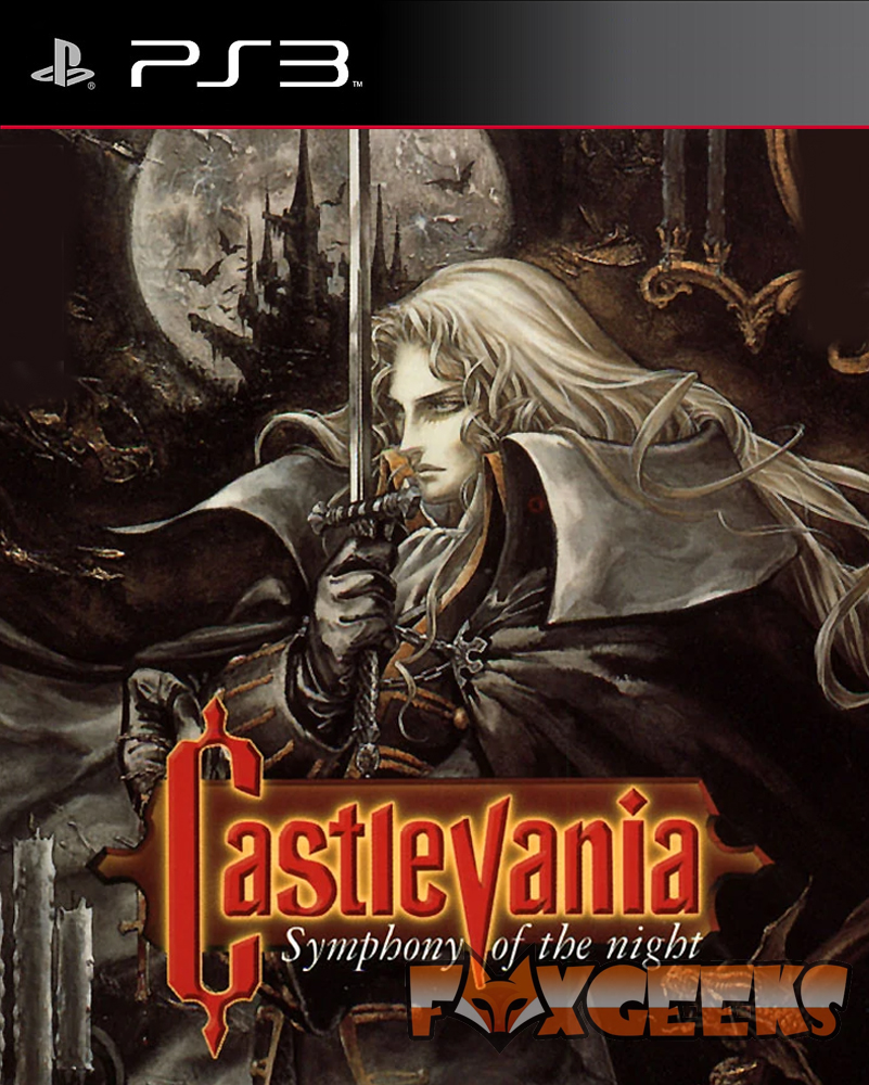 Capa do jogo Castlevania Symphony of the night para PS3 com personagem e castelo ao fundo