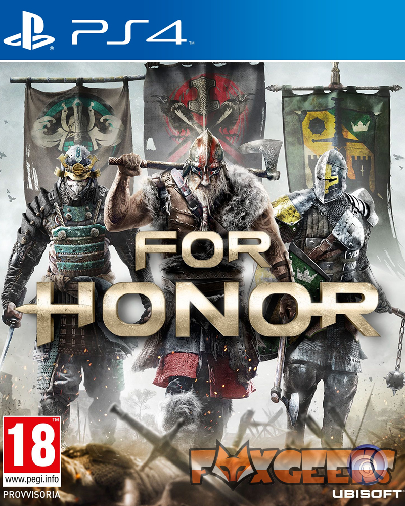 Capa jogo PS4 For Honor com três guerreiros medievais armados em frente a bandeiras