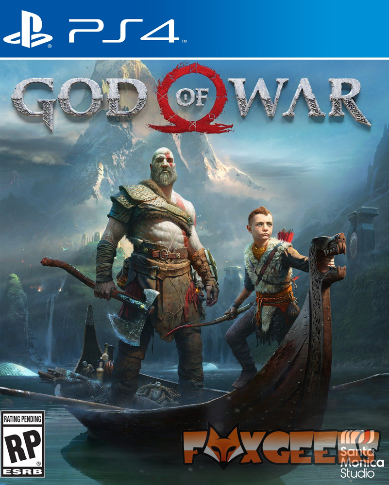Capa do jogo PS4 God of War com dois personagens num barco viking numa paisagem de fantasia