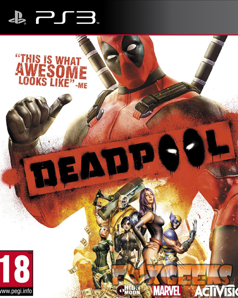 Capa do jogo Deadpool para PS3 com personagem principal vermelho e preto e texto promocional