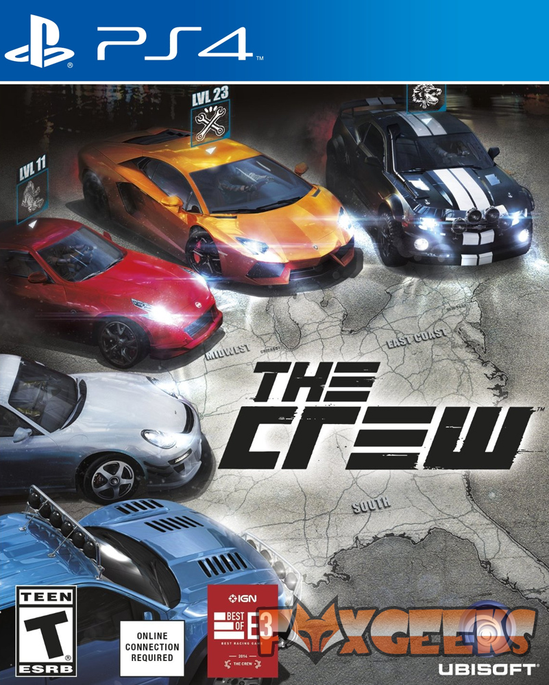 Capa do jogo PS4 'The Crew' com quatro carros e mapa dos EUA