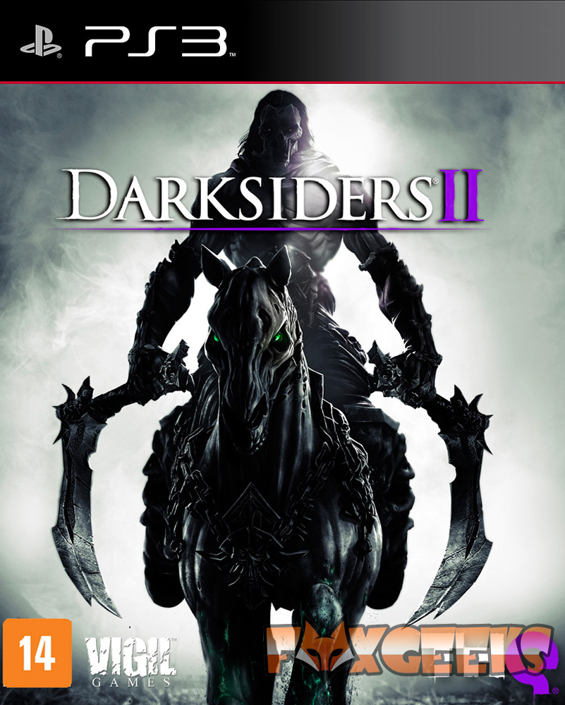Capa do jogo Darksiders II para PS3 com cavaleiro montado num cavalo preto