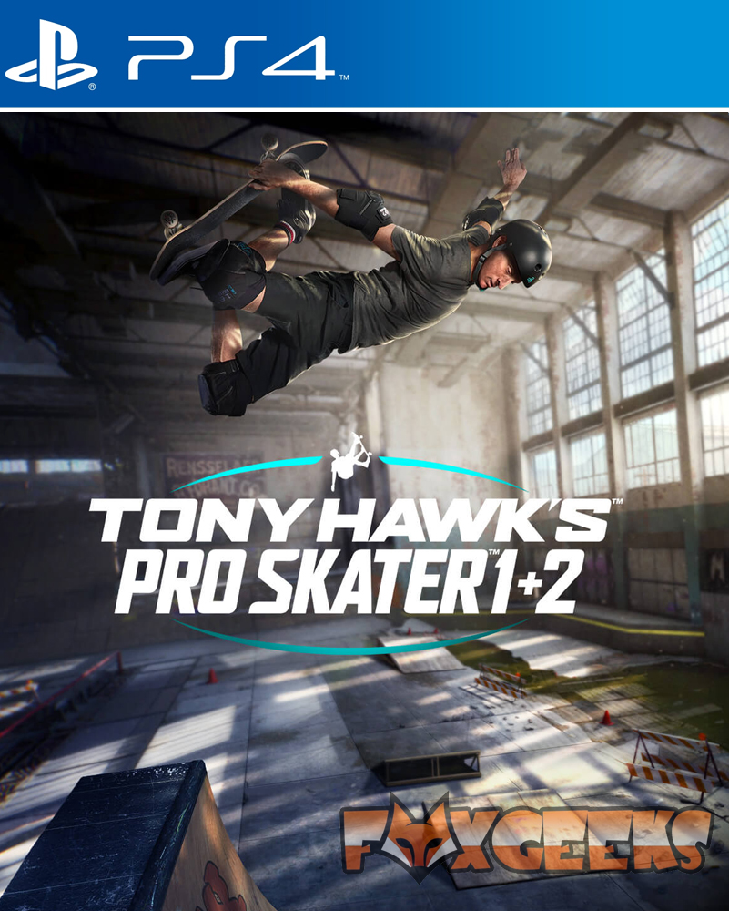 Capa do videojogo Tony Hawk's Pro Skater 1+2 para PS4 com skatista a saltar num parque de skate interior.