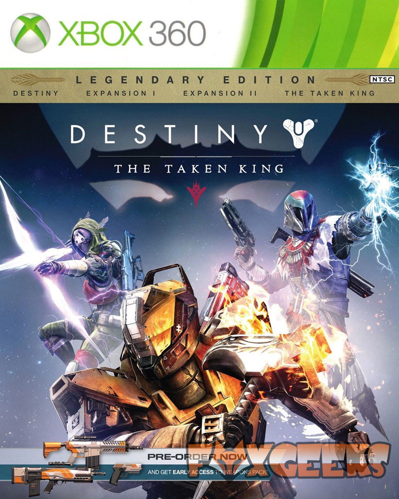 Capa do jogo Destiny The Taken King Legendary Edition para Xbox 360 com personagens em ação e texto promocional