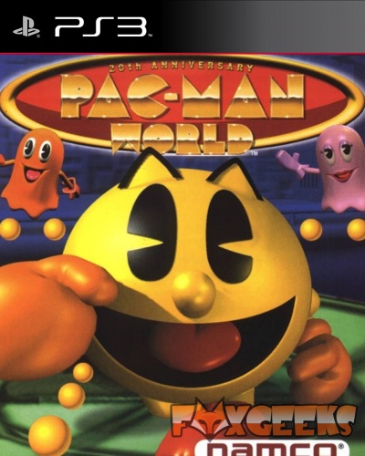 Capa do jogo PS3 20th ANNIVERSARY PAC-MAN WORLD com personagens Pac-Man e fantasmas coloridos