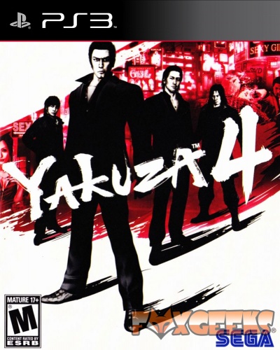 Capa do jogo Yakuza 4 para PS3 com quatro personagens em preto e branco e detalhes vermelhos.