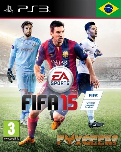 Capa do jogo FIFA 15 PS3 com jogadores de futebol e logotipos
