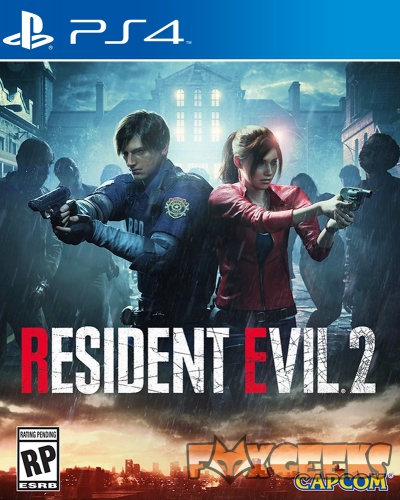 Capa do videojogo Resident Evil 2 para PS4 com duas personagens e zumbis num ambiente sombrio