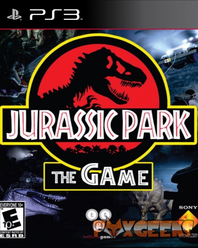 Capa do jogo PS3 Jurassic Park The Game com imagens de dinossauros e logótipo vermelho e preto