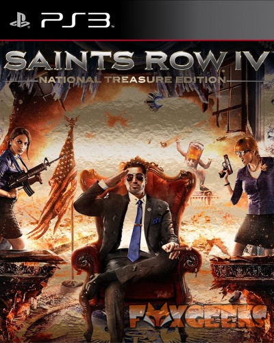 Capa do jogo Saints Row IV para PS3 com três personagens e fundo destruído