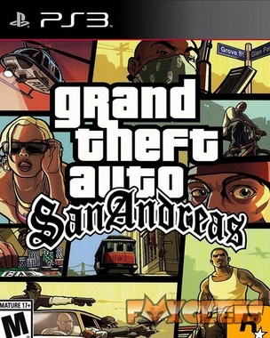 Capa do videojogo Grand Theft Auto San Andreas PS3 com personagens e texto