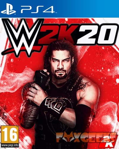 Capa do videojogo WWE 2K20 para PS4 com lutador em fundo vermelho
