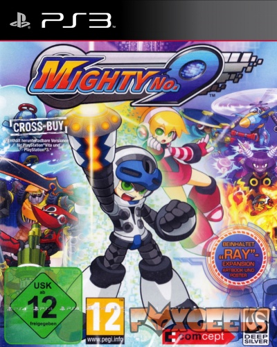Capa do jogo PS3 Mighty No. 9 com ilustração de personagem de robô e texto promocional