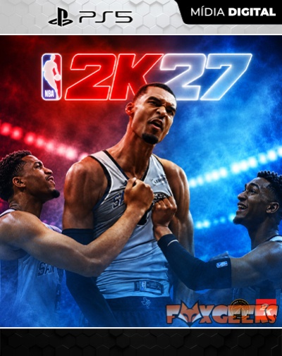 Capa do jogo NBA 2K27 para PS5 com três jogadores de basquetebol num fundo de luzes vermelhas e azuis