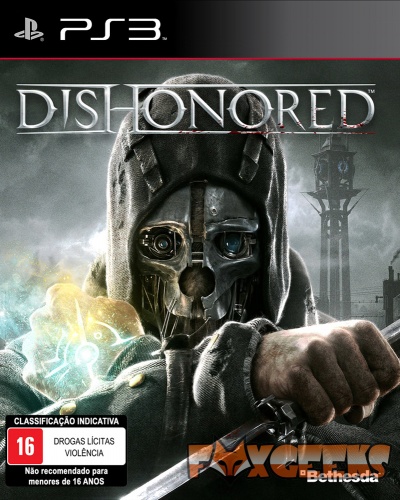 Capa do jogo PS3 Dishonored com personagem de máscara metálica e capuz cinzento
