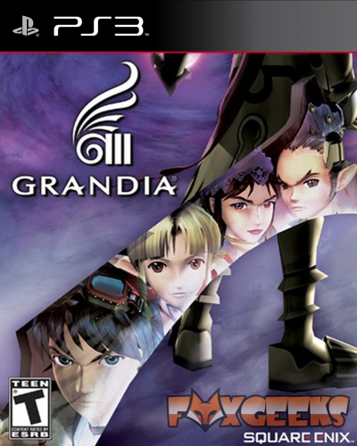 Capa do jogo PS3 GRANDIA com personagens anime e logótipos PlayStation, ESRB e FOXGEEKS SQUARE ENIX