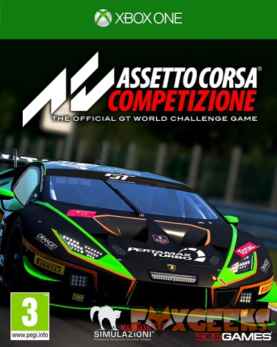 Capa do jogo Xbox One Assetto Corsa Competizione com carro de corrida preto, verde e laranja