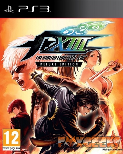 Capa do jogo PS3 The King of Fighters XIII Deluxe Edition com personagens de anime no fundo laranja