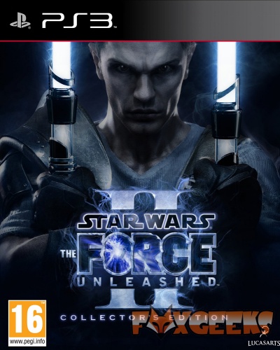 Capa de jogo PlayStation 3 Star Wars The Force Unleashed II com personagem e espadas laser azuis