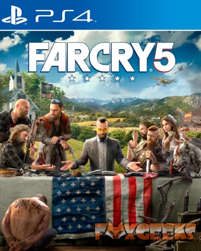 Capa do jogo FARCRY 5 para PS4 com personagens e bandeira americanizada em cenário rural