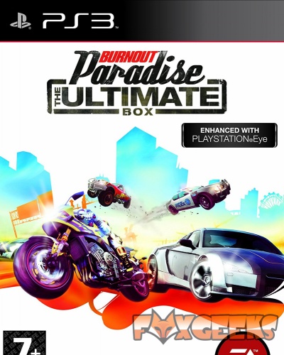 Capa do jogo PS3 Burnout Paradise The Ultimate Box com motos e carros em ação