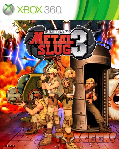 Capa do jogo Metal Slug 3 para Xbox 360 com personagens armados em fundo de explosão