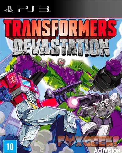 Capa do jogo PlayStation 3 Transformers Devastation com robôs coloridos em ação.