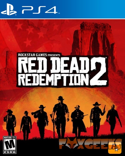 Capa do jogo PS4 Red Dead Redemption 2 com silhuetas de personagens e fundo vermelho