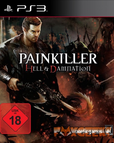 Capa do jogo Painkiller Hell & Damnation para PS3 com personagem, armas e destruição
