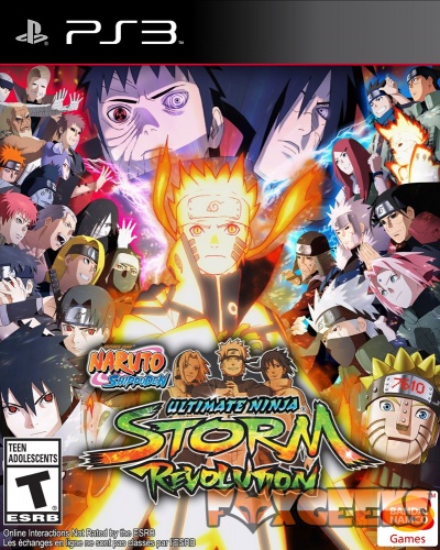 Capa do jogo Naruto Shippuden Ultimate Ninja Storm Revolution PS3 com personagens de anime e logotipos.
