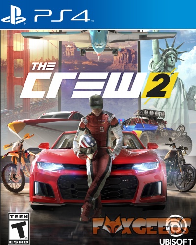 Capa do jogo The Crew 2 para PS4 mostrando corredor, carro desportivo vermelho, motos e logótipos FOXGEAR e UBISOFT