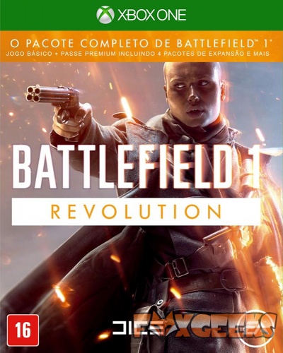 Capa do videojogo Battlefield 1 Revolution para Xbox One com soldado e efeitos de fogo